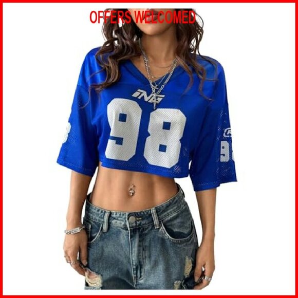 Women's Y2K Jersey Crop Top V-Neck Half Sleeve Graphic Tee Summer Shirt - Picture 2 of 7